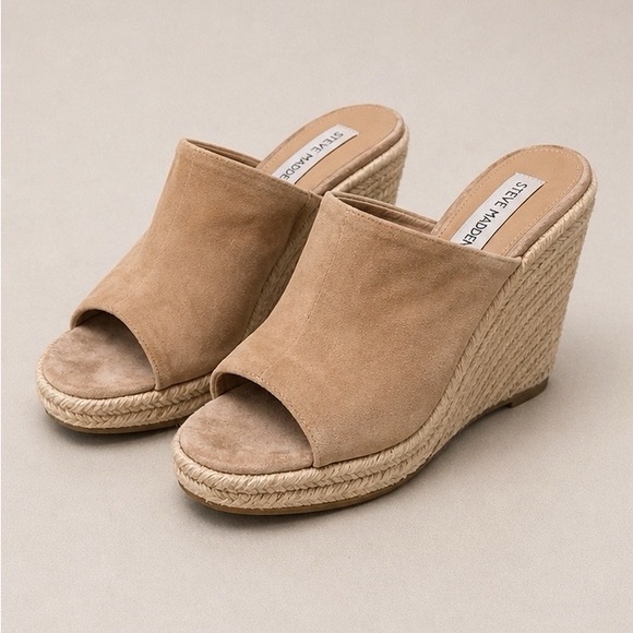 Steve Madden Shoes - Steve Madden Womens 8.5 Nude Suede Espadrille Wedge Mule Sandals Open Toe
